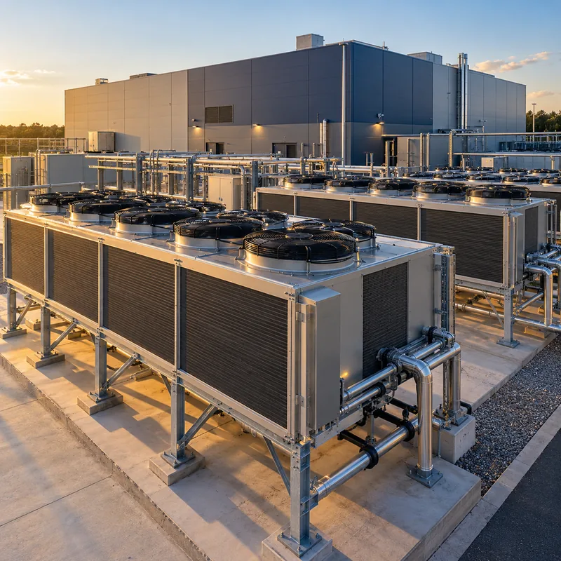 AI-generated image: rows of fan-topped dry coolers with piping beside a data center building at sunset