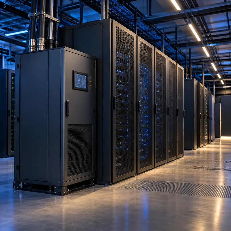 AI-generated image: a coolant distribution unit with overhead piping at the end of a row of server racks