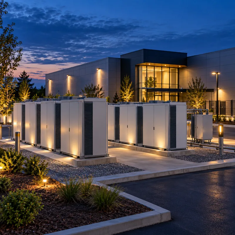 AI-generated image: outdoor equipment enclosures on concrete pads beside a modern enterprise facility at dusk