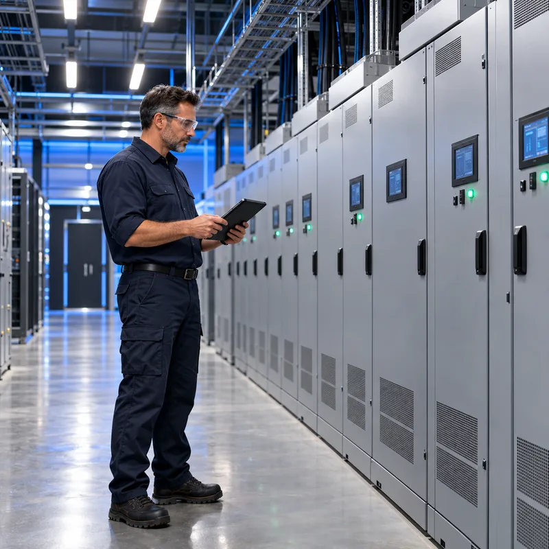 AI-generated image: a technician with a tablet reviewing a line of electrical cabinets in a data center